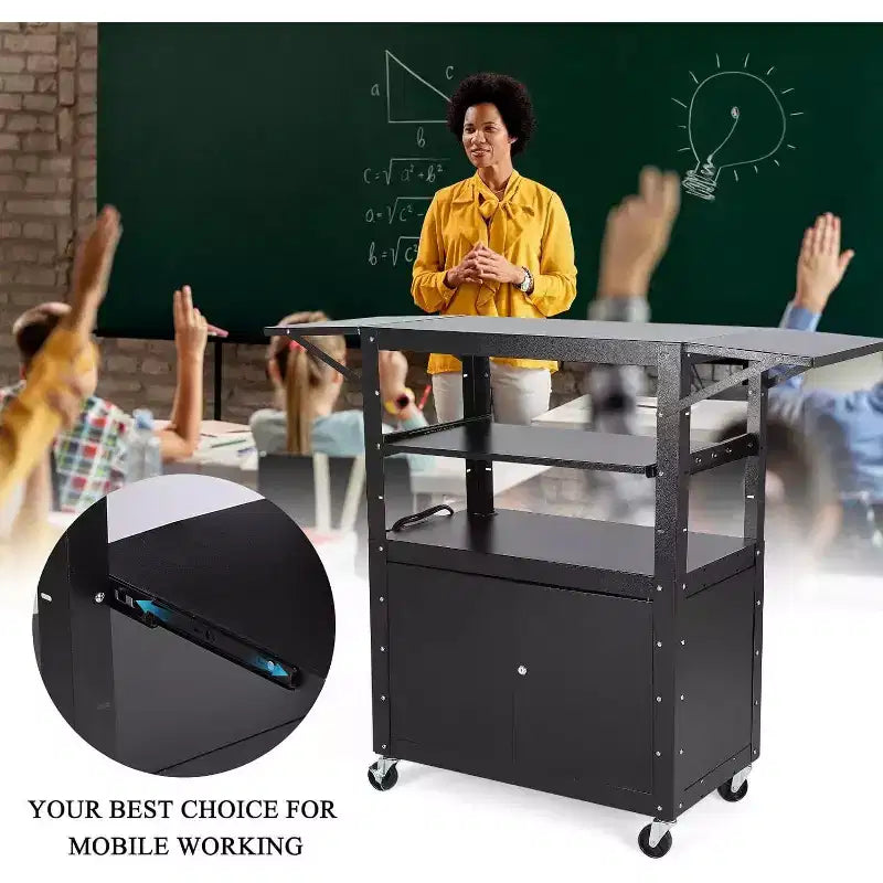 Chariot AV roulant, poste de travail mobile réglable en hauteur, armoire verrouillable, support d'ordinateur portable et tablette pliante, maison ou bureau, noir