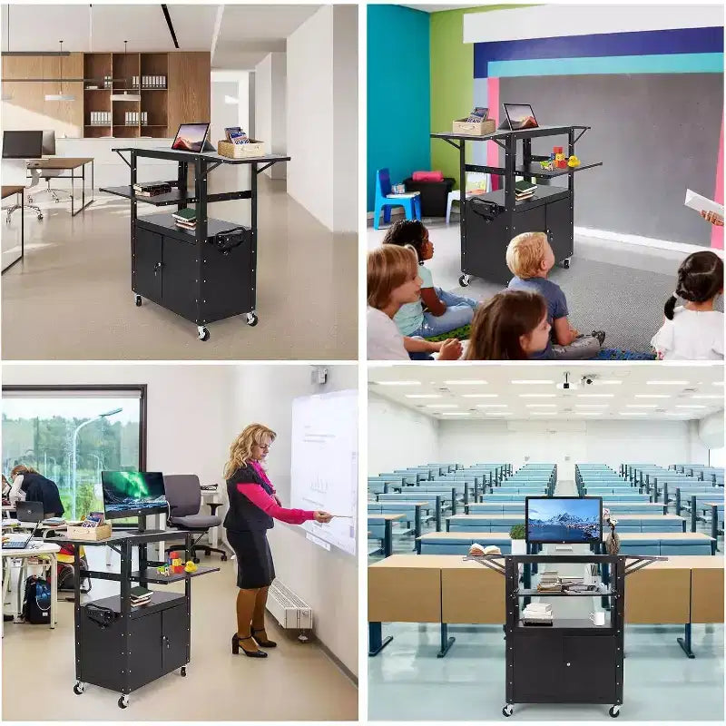 Chariot AV roulant, poste de travail mobile réglable en hauteur, armoire verrouillable, support d'ordinateur portable et tablette pliante, maison ou bureau, noir