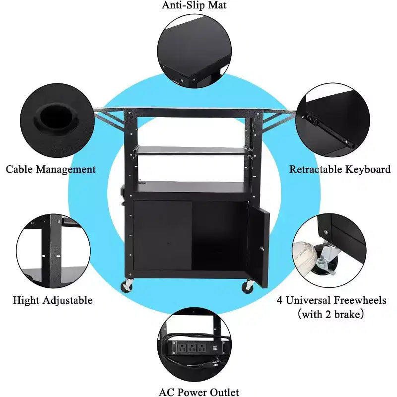 Chariot AV roulant, poste de travail mobile réglable en hauteur, armoire verrouillable, support d'ordinateur portable et tablette pliante, maison ou bureau, noir