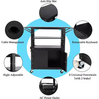 Chariot AV roulant, poste de travail mobile réglable en hauteur, armoire verrouillable, support d'ordinateur portable et tablette pliante, maison ou bureau, noir