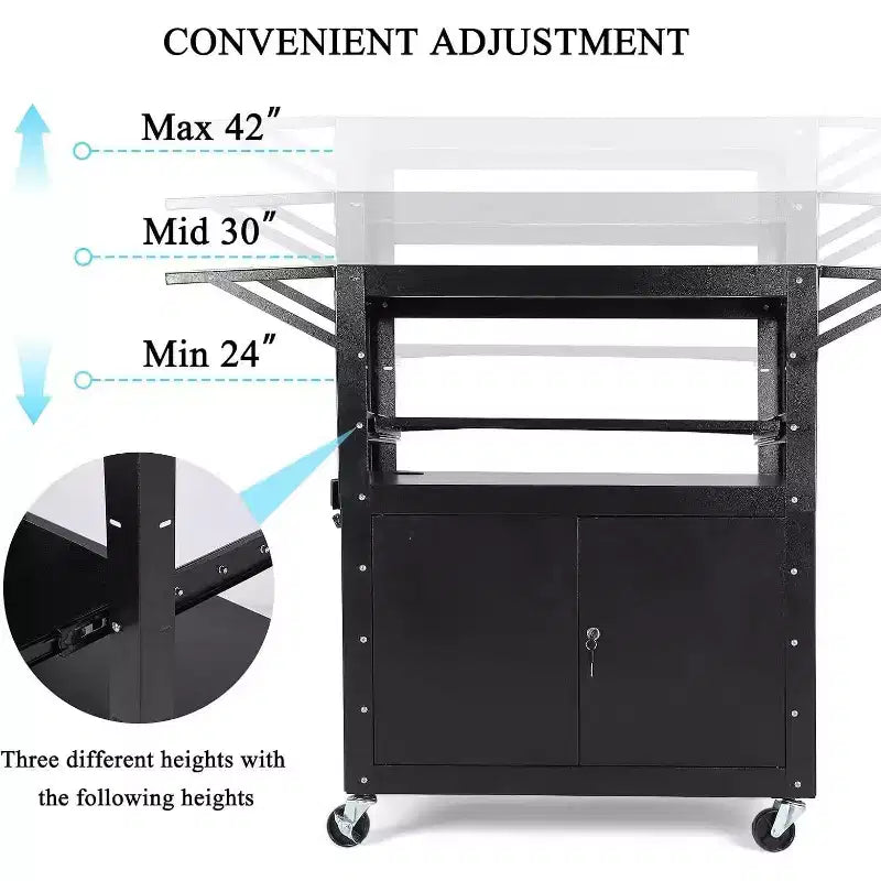 Chariot AV roulant, poste de travail mobile réglable en hauteur, armoire verrouillable, support d'ordinateur portable et tablette pliante, maison ou bureau, noir
