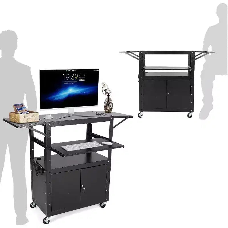 Chariot AV roulant, poste de travail mobile réglable en hauteur, armoire verrouillable, support d'ordinateur portable et tablette pliante, maison ou bureau, noir