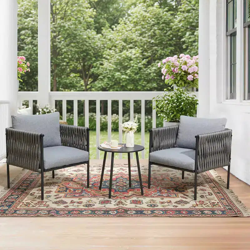 EROMMY Ensemble bistro de terrasse 3 pièces, fauteuils en fer et corde avec table basse, mobilier d'extérieur moderne avec coussins épais