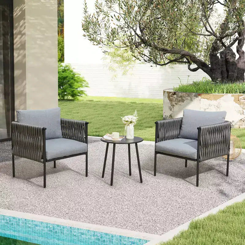 EROMMY Ensemble bistro de terrasse 3 pièces, fauteuils en fer et corde avec table basse, mobilier d'extérieur moderne avec coussins épais