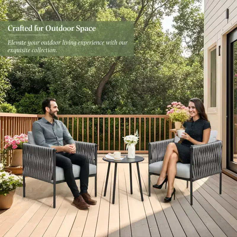 EROMMY Ensemble bistro de terrasse 3 pièces, fauteuils en fer et corde avec table basse, mobilier d'extérieur moderne avec coussins épais