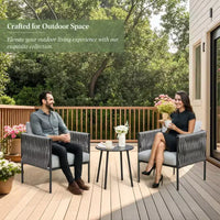 EROMMY Ensemble bistro de terrasse 3 pièces, fauteuils en fer et corde avec table basse, mobilier d'extérieur moderne avec coussins épais