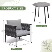 EROMMY Ensemble bistro de terrasse 3 pièces, fauteuils en fer et corde avec table basse, mobilier d'extérieur moderne avec coussins épais