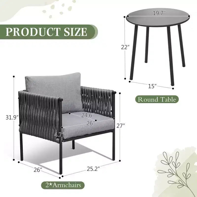 EROMMY Ensemble bistro de terrasse 3 pièces, fauteuils en fer et corde avec table basse, mobilier d'extérieur moderne avec coussins épais