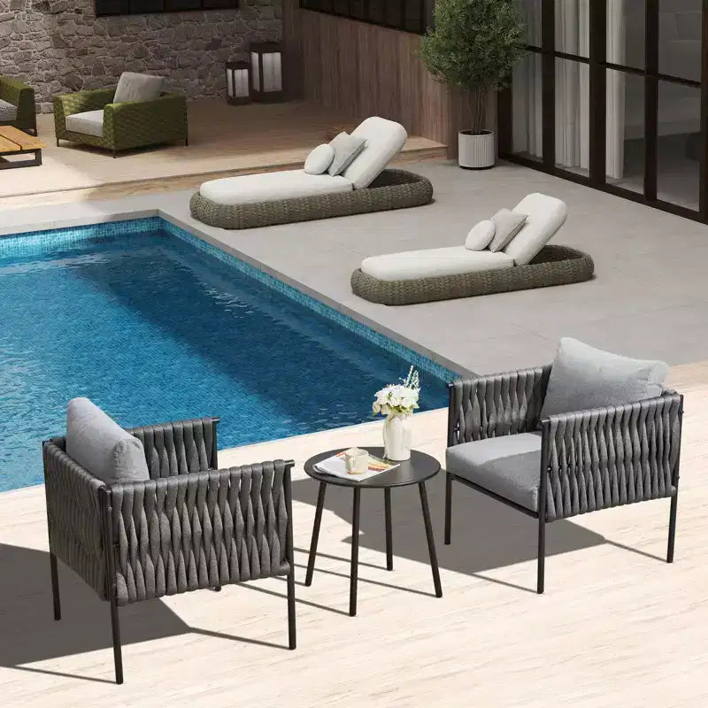 EROMMY Ensemble bistro de terrasse 3 pièces, fauteuils en fer et corde avec table basse, mobilier d'extérieur moderne avec coussins épais