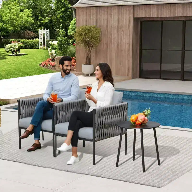 EROMMY Ensemble bistro de terrasse 3 pièces, fauteuils en fer et corde avec table basse, mobilier d'extérieur moderne avec coussins épais