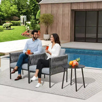 EROMMY Ensemble bistro de terrasse 3 pièces, fauteuils en fer et corde avec table basse, mobilier d'extérieur moderne avec coussins épais