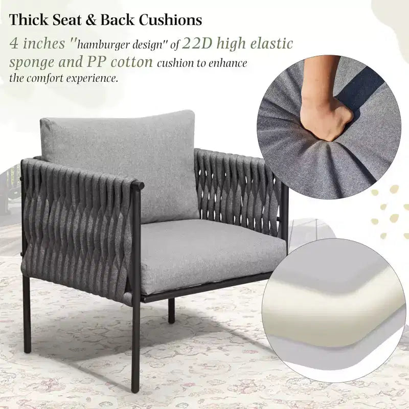 EROMMY Ensemble bistro de terrasse 3 pièces, fauteuils en fer et corde avec table basse, mobilier d'extérieur moderne avec coussins épais