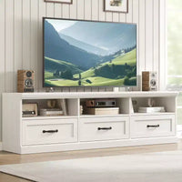 Meuble TV 70 pouces pour téléviseurs jusqu'à 80 pouces, meuble de divertissement moderne du milieu du siècle avec tiroir, meuble TV console média pour salon, chambre à coucher
