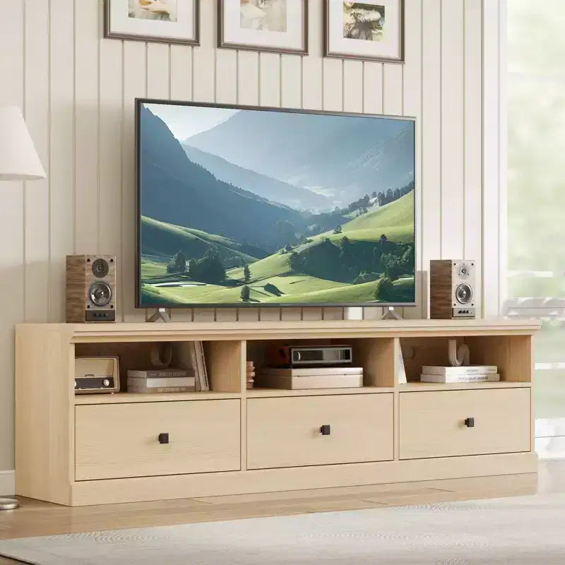 Meuble TV 70 pouces pour téléviseurs jusqu'à 80 pouces, meuble de divertissement moderne du milieu du siècle avec tiroir, meuble TV console média pour salon, chambre à coucher
