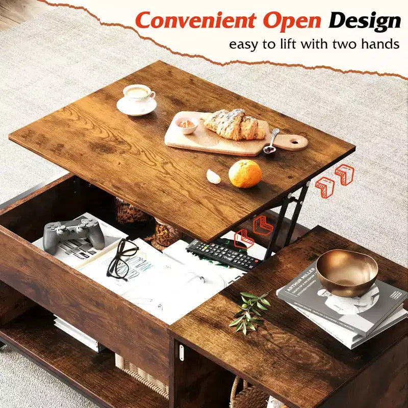 Table basse, table basse à plateau relevable 41.7 avec armoire de rangement et compartiment caché, table centrale en bois pour salon