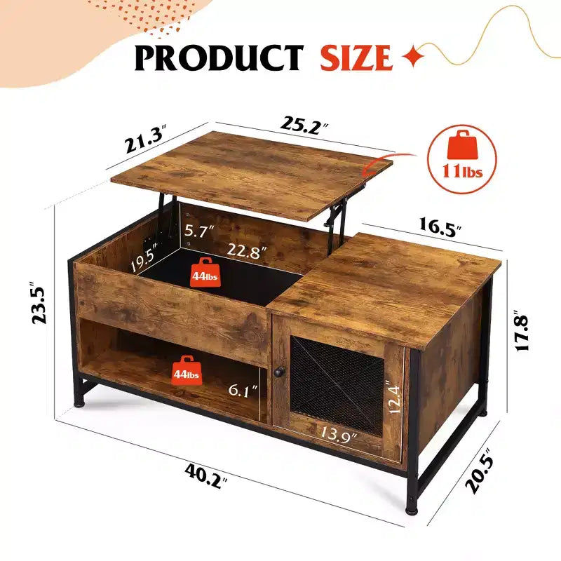Table basse, table basse à plateau relevable 41.7 avec armoire de rangement et compartiment caché, table centrale en bois pour salon