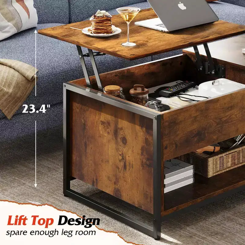 Table basse, table basse à plateau relevable 41.7 avec armoire de rangement et compartiment caché, table centrale en bois pour salon