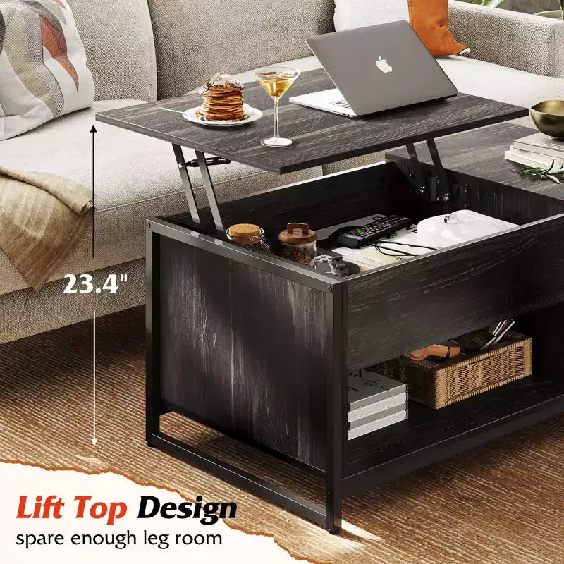 Table basse, table basse à plateau relevable 41.7 avec armoire de rangement et compartiment caché, table centrale en bois pour salon