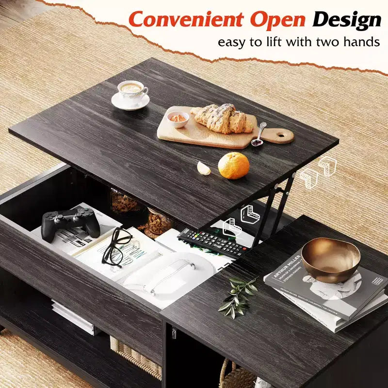 Table basse, table basse à plateau relevable 41.7 avec armoire de rangement et compartiment caché, table centrale en bois pour salon