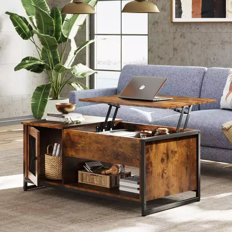 Table basse, table basse à plateau relevable 41.7 avec armoire de rangement et compartiment caché, table centrale en bois pour salon