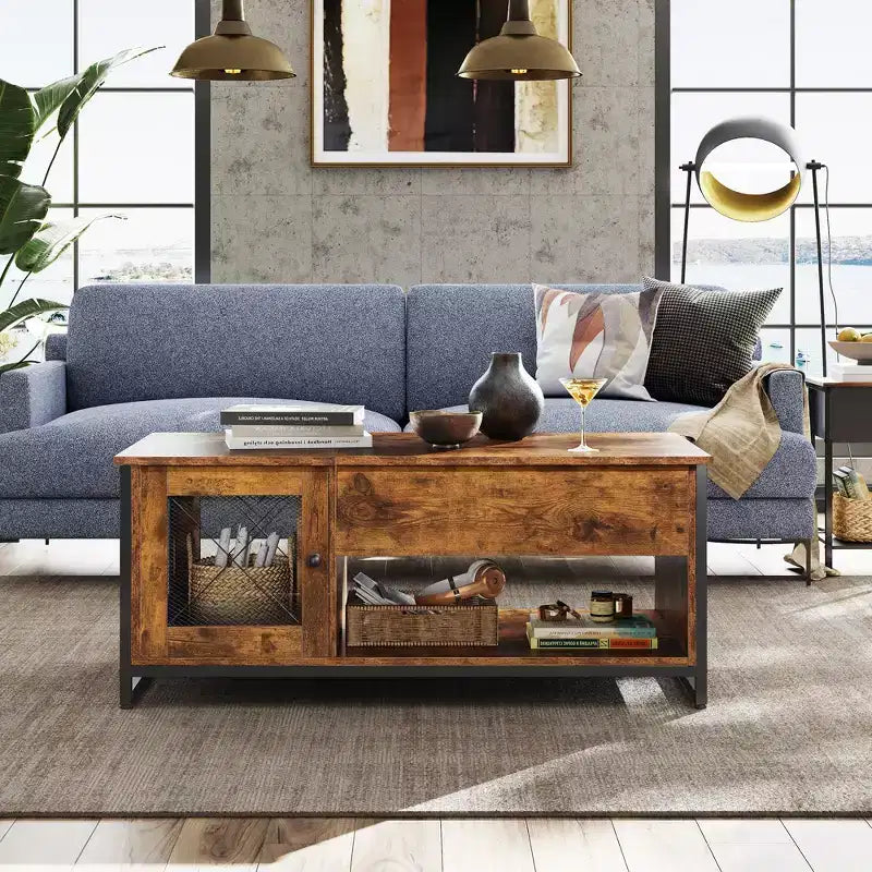 Table basse, table basse à plateau relevable 41.7 avec armoire de rangement et compartiment caché, table centrale en bois pour salon