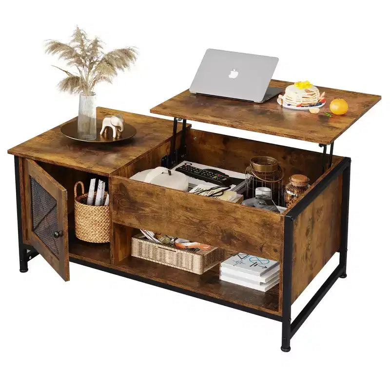 Table basse, table basse à plateau relevable 41.7 avec armoire de rangement et compartiment caché, table centrale en bois pour salon