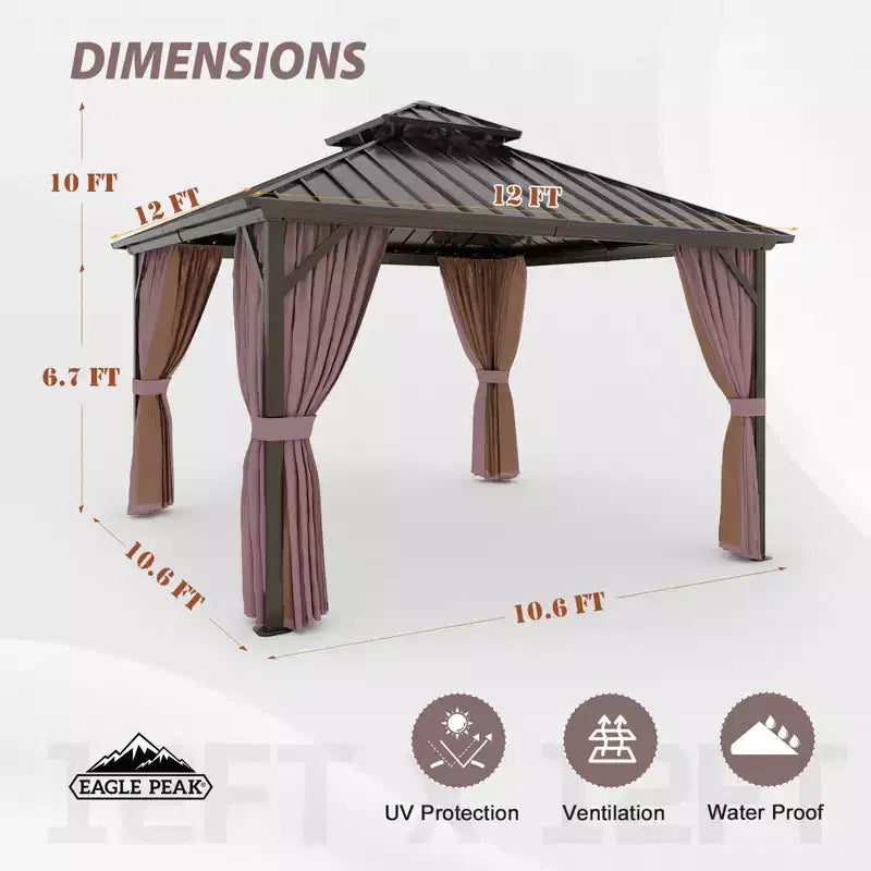 EAGLE PEAK Gazebo à toit rigide à cadre en aluminium et double toit en acier, Marron