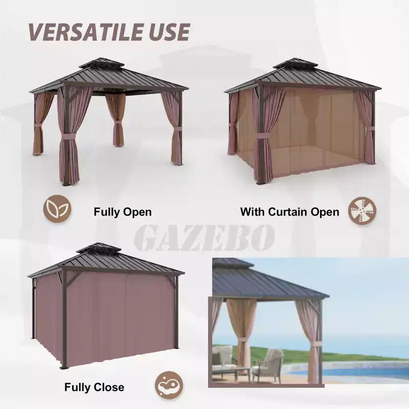 EAGLE PEAK Gazebo à toit rigide à cadre en aluminium et double toit en acier, Marron