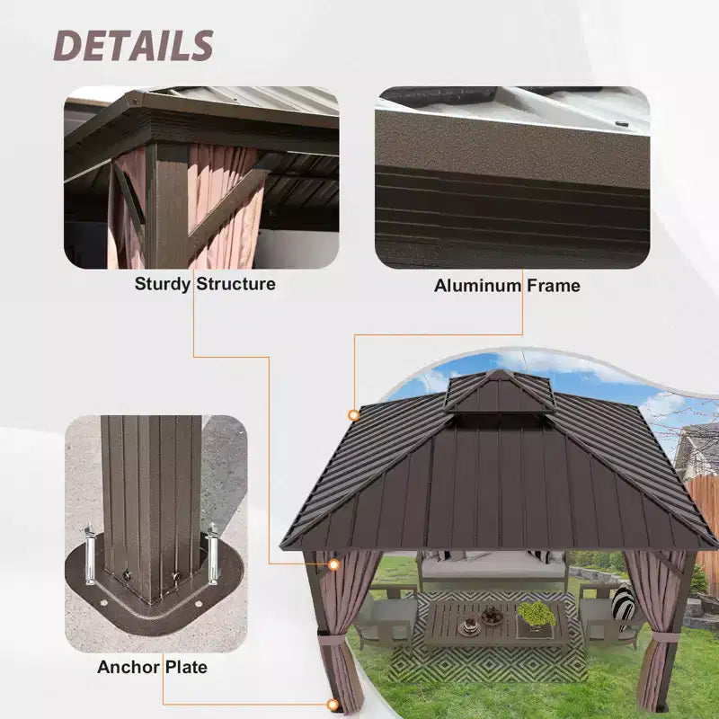 EAGLE PEAK Gazebo à toit rigide à cadre en aluminium et double toit en acier, Marron