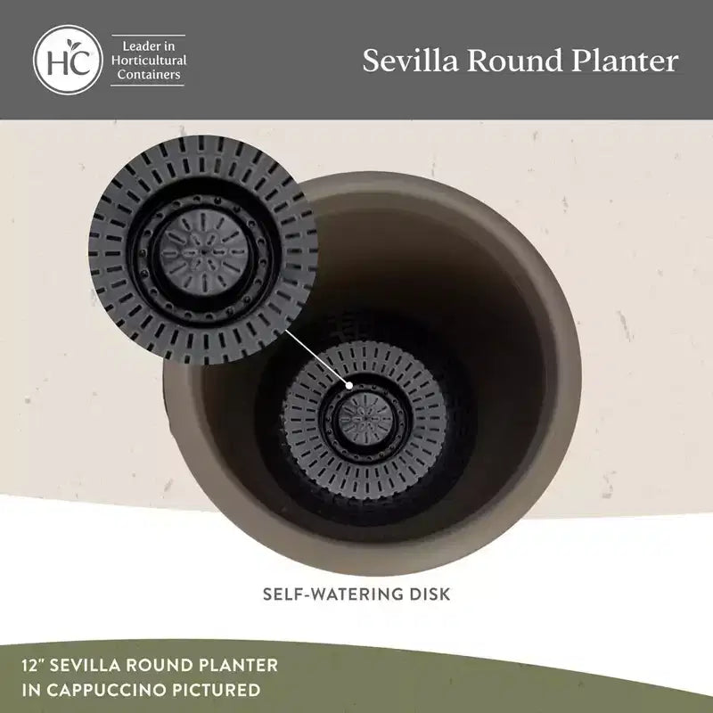 The HC Companies Sevilla Pot rond à réserve d'eau, jardinière classique en plastique avec disque interne pour plantes d'intérieur et d'extérieur, 35,5 cm, blanc