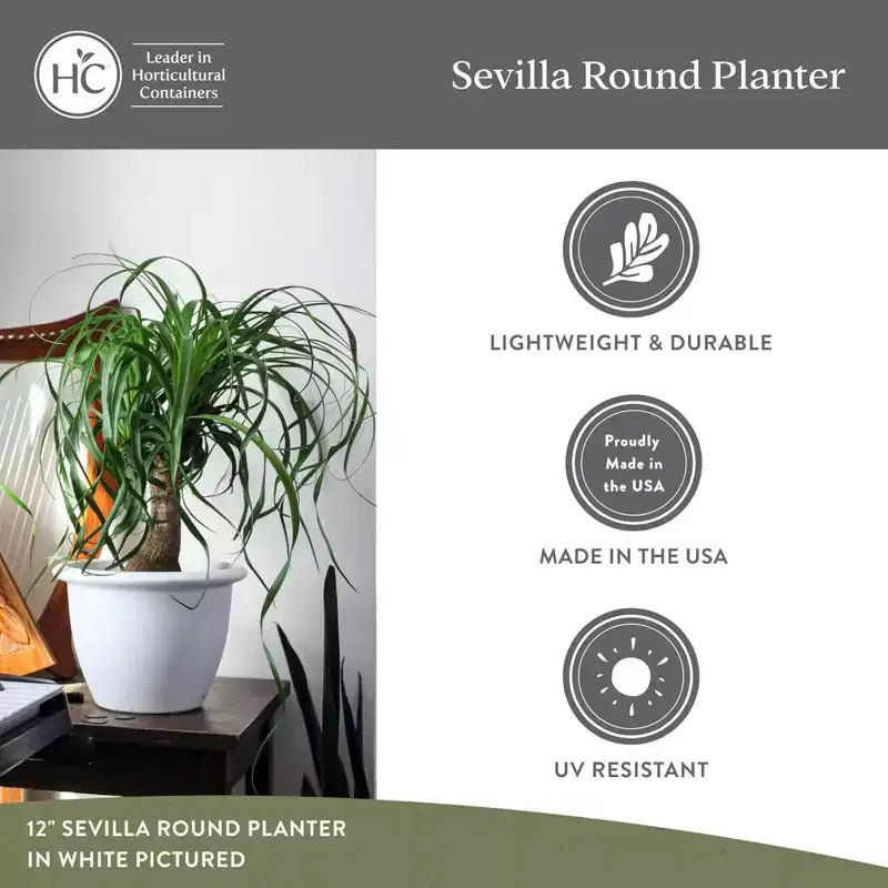 The HC Companies Sevilla Pot rond à réserve d'eau, jardinière classique en plastique avec disque interne pour plantes d'intérieur et d'extérieur, 35,5 cm, blanc