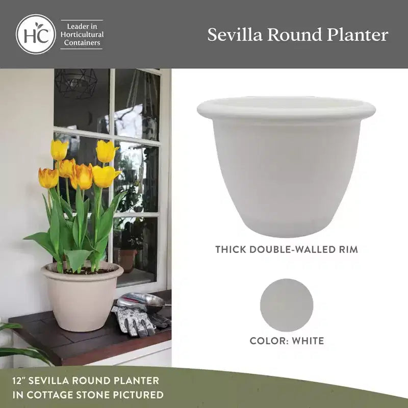 The HC Companies Sevilla Pot rond à réserve d'eau, jardinière classique en plastique avec disque interne pour plantes d'intérieur et d'extérieur, 35,5 cm, blanc
