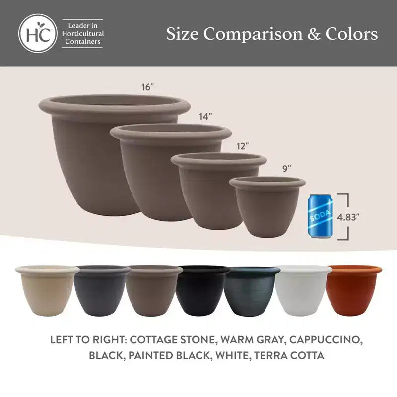 The HC Companies Sevilla Pot rond à réserve d'eau, jardinière classique en plastique avec disque interne pour plantes d'intérieur et d'extérieur, 35,5 cm, blanc