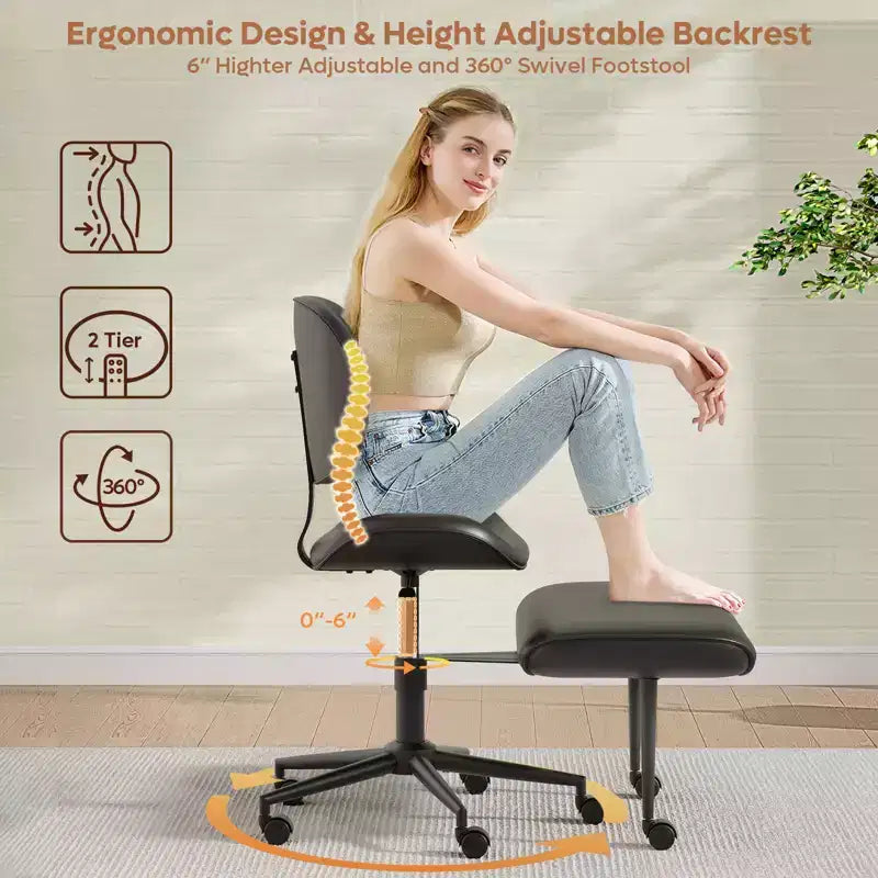 Chaise de bureau sans accoudoirs assise jambes croisées Pinmoco, assise extra-large, design pivotant à 360°, chaise de bureau ergonomique pour la maison, le gaming et la méditation