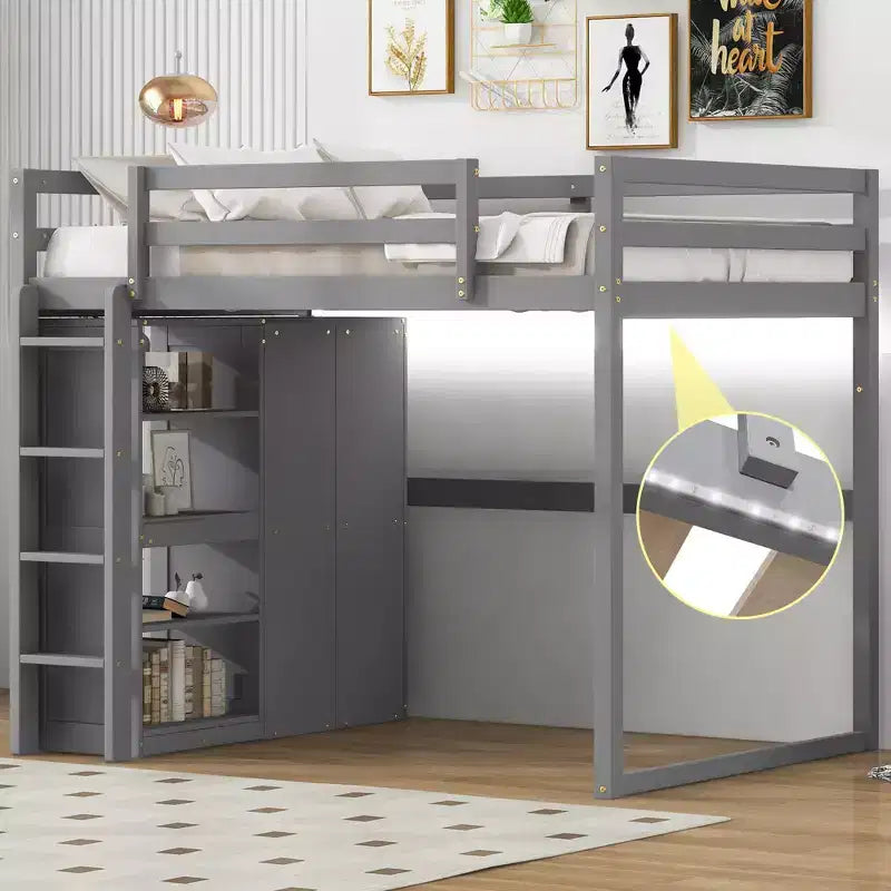 Lit mezzanine en bois taille Full avec penderie intégrée, étagères de rangement et lumière LED, blanc/gris - ModernLuxe