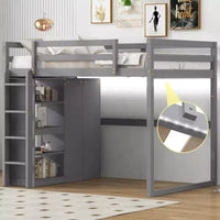 Lit mezzanine en bois taille Full avec penderie intégrée, étagères de rangement et lumière LED, blanc/gris - ModernLuxe