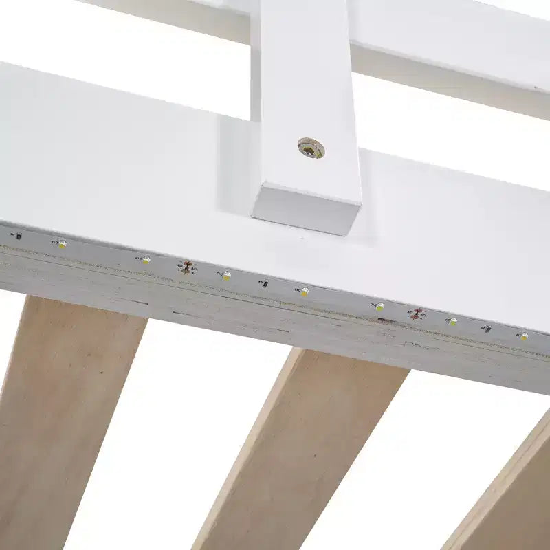 Lit mezzanine en bois taille Full avec penderie intégrée, étagères de rangement et lumière LED, blanc/gris - ModernLuxe