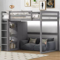 Lit mezzanine en bois taille Full avec penderie intégrée, étagères de rangement et lumière LED, blanc/gris - ModernLuxe