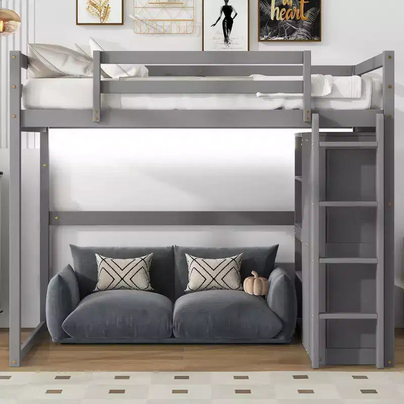 Lit mezzanine en bois taille Full avec penderie intégrée, étagères de rangement et lumière LED, blanc/gris - ModernLuxe