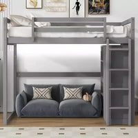 Lit mezzanine en bois taille Full avec penderie intégrée, étagères de rangement et lumière LED, blanc/gris - ModernLuxe