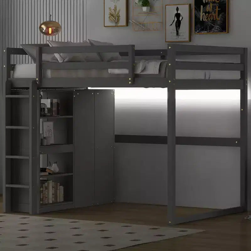 Lit mezzanine en bois taille Full avec penderie intégrée, étagères de rangement et lumière LED, blanc/gris - ModernLuxe