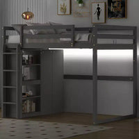 Lit mezzanine en bois taille Full avec penderie intégrée, étagères de rangement et lumière LED, blanc/gris - ModernLuxe