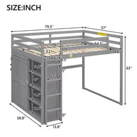 Lit mezzanine en bois taille Full avec penderie intégrée, étagères de rangement et lumière LED, blanc/gris - ModernLuxe