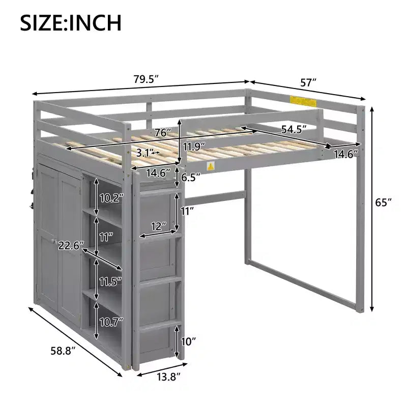 Lit mezzanine en bois taille Full avec penderie intégrée, étagères de rangement et lumière LED, blanc/gris - ModernLuxe