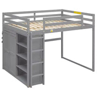 Lit mezzanine en bois taille Full avec penderie intégrée, étagères de rangement et lumière LED, blanc/gris - ModernLuxe