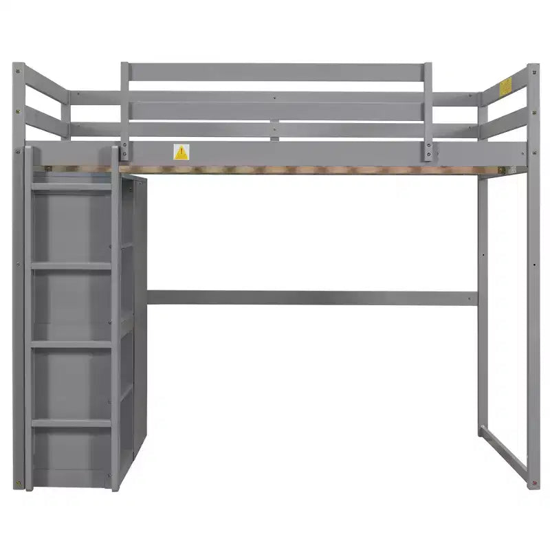 Lit mezzanine en bois taille Full avec penderie intégrée, étagères de rangement et lumière LED, blanc/gris - ModernLuxe