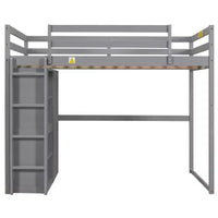 Lit mezzanine en bois taille Full avec penderie intégrée, étagères de rangement et lumière LED, blanc/gris - ModernLuxe