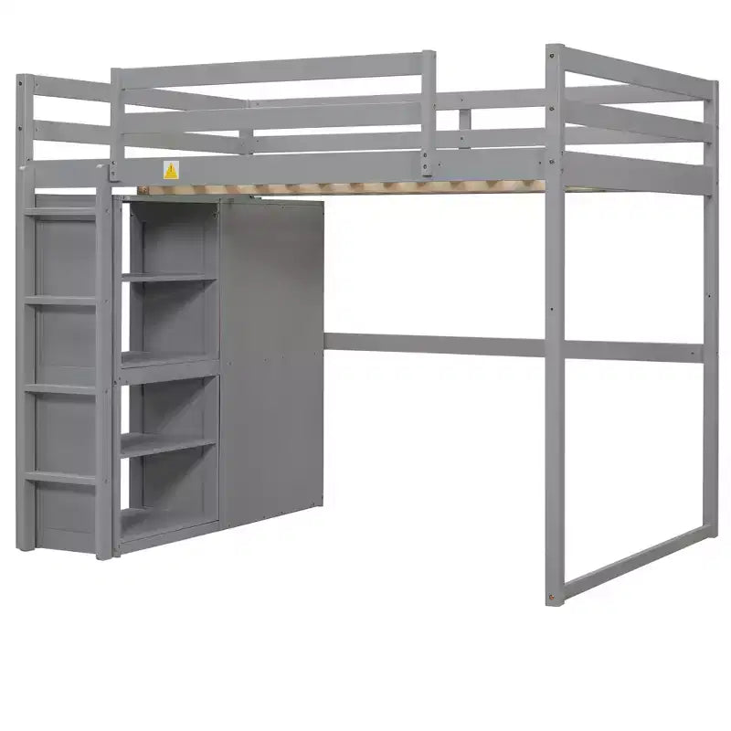 Lit mezzanine en bois taille Full avec penderie intégrée, étagères de rangement et lumière LED, blanc/gris - ModernLuxe