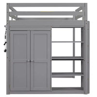 Lit mezzanine en bois taille Full avec penderie intégrée, étagères de rangement et lumière LED, blanc/gris - ModernLuxe