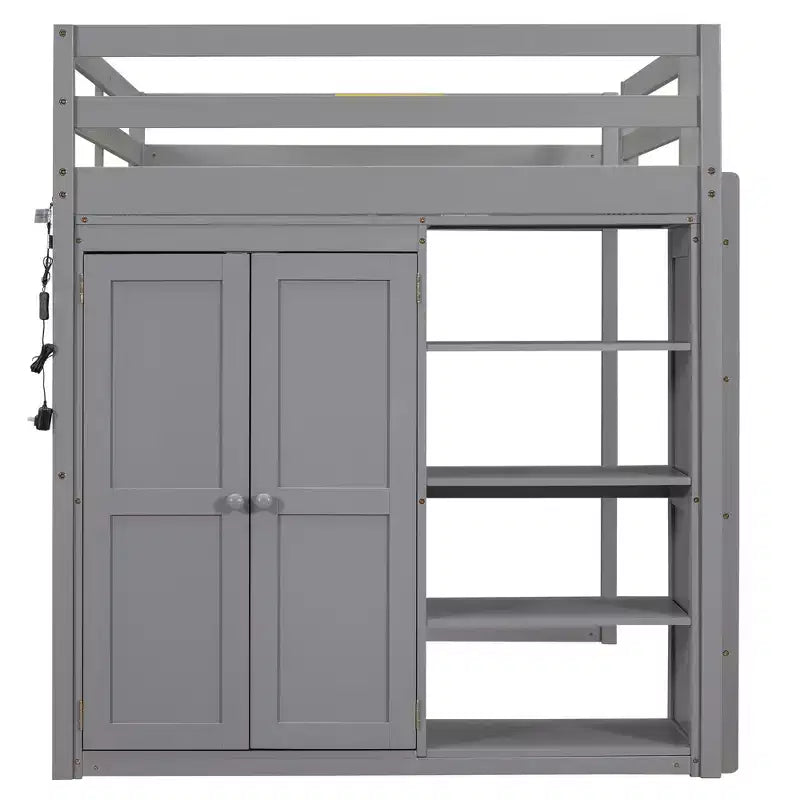 Lit mezzanine en bois taille Full avec penderie intégrée, étagères de rangement et lumière LED, blanc/gris - ModernLuxe